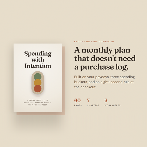 Spending with Intention ebook cover: a monthly plan that doesn't need a purchase log. 60 pages, 7 chapters, 3 worksheets.