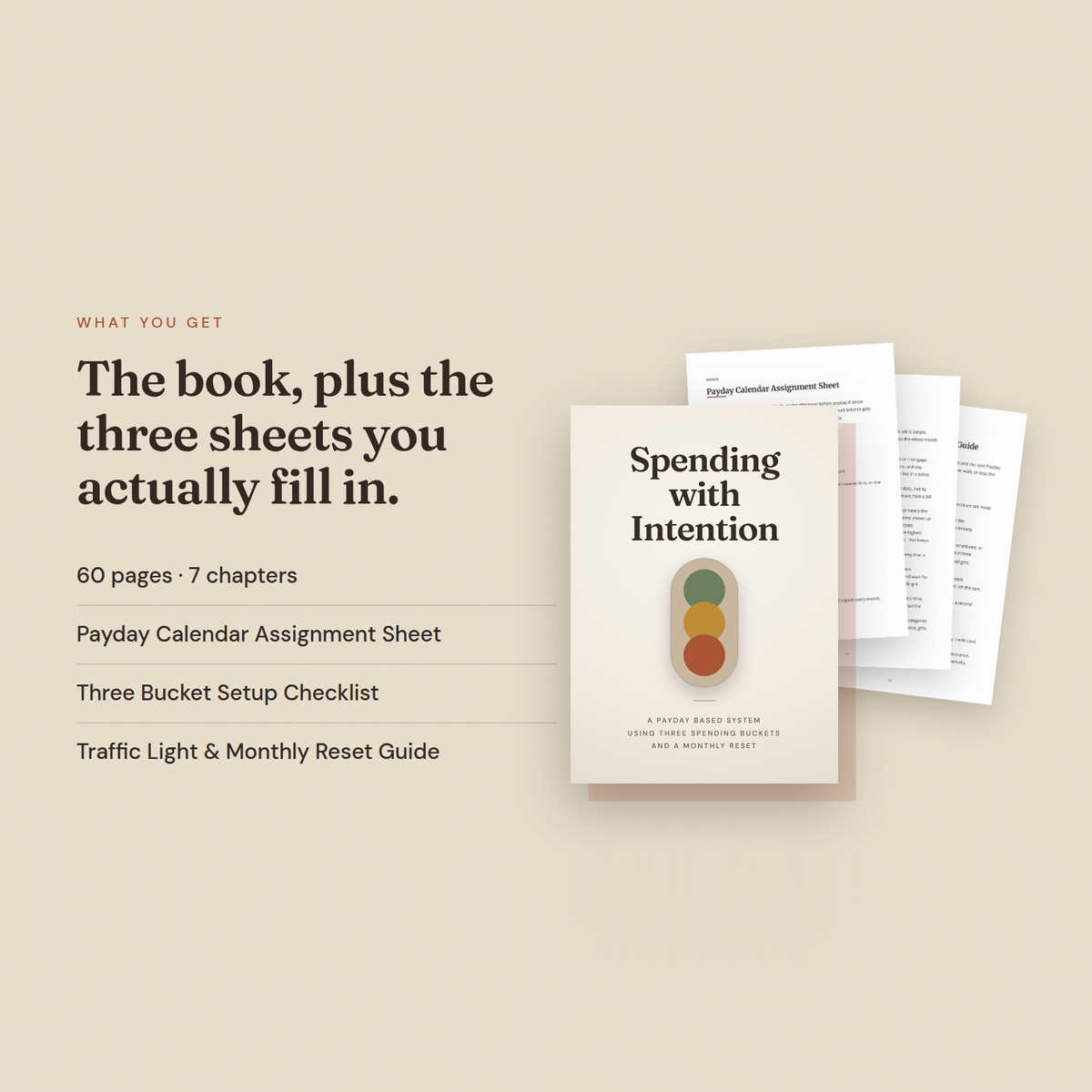 The ebook with its three printable worksheets: Payday Calendar Assignment Sheet, Three Bucket Setup Checklist, and Traffic Light & Monthly Reset Guide.