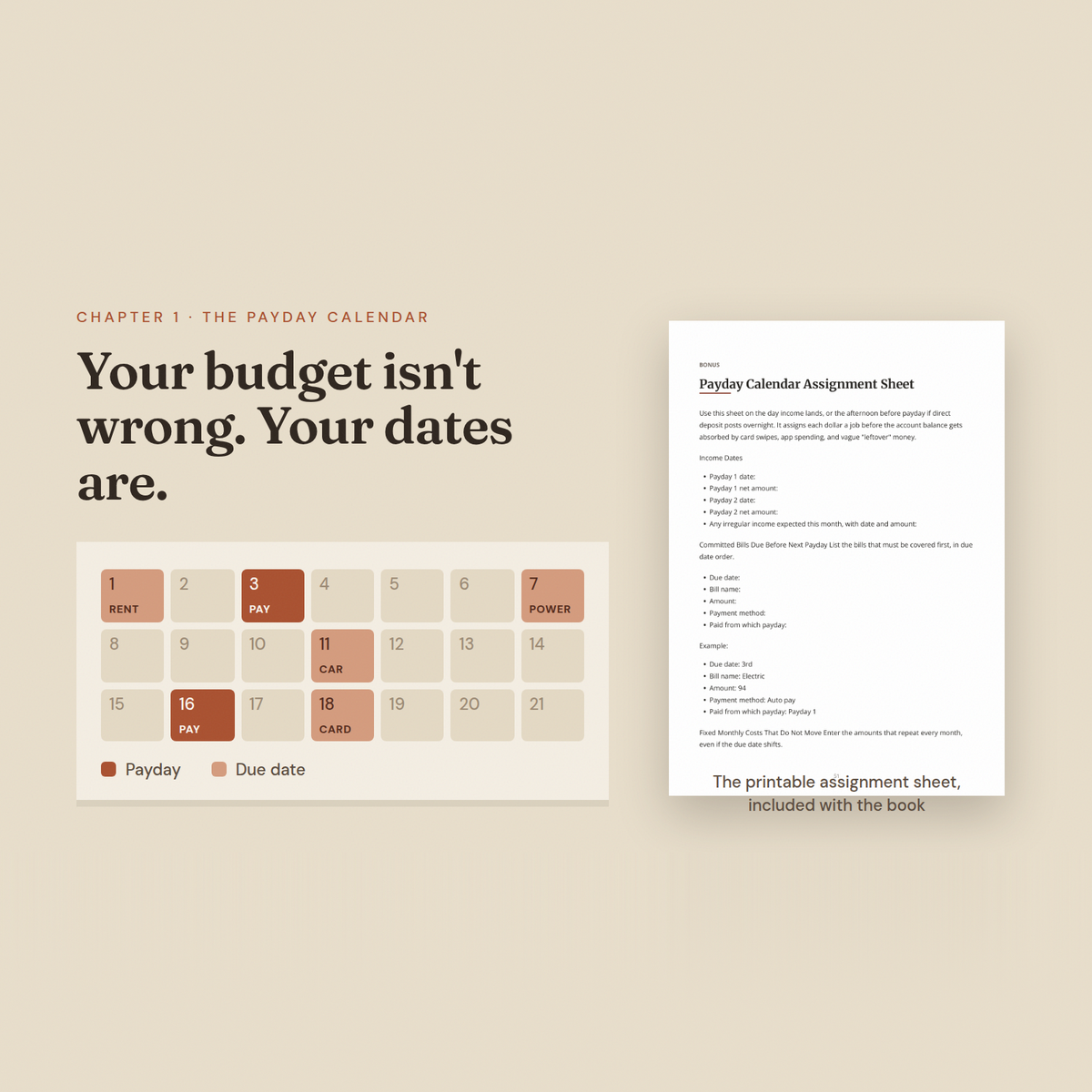 Chapter 1, the Payday Calendar: a month view showing paydays and bill due dates, with the printable assignment sheet.