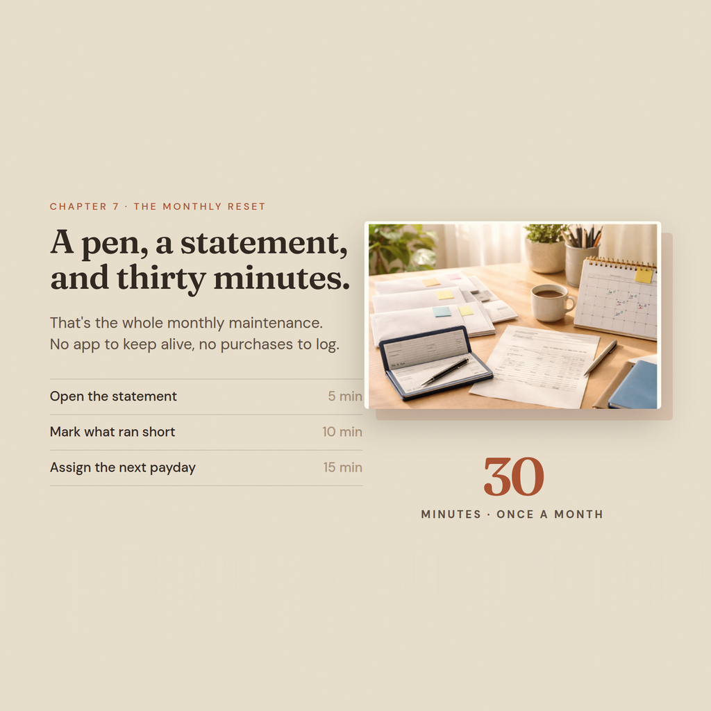 Chapter 7, the 30-minute monthly reset: open the statement, mark what ran short, assign the next payday.